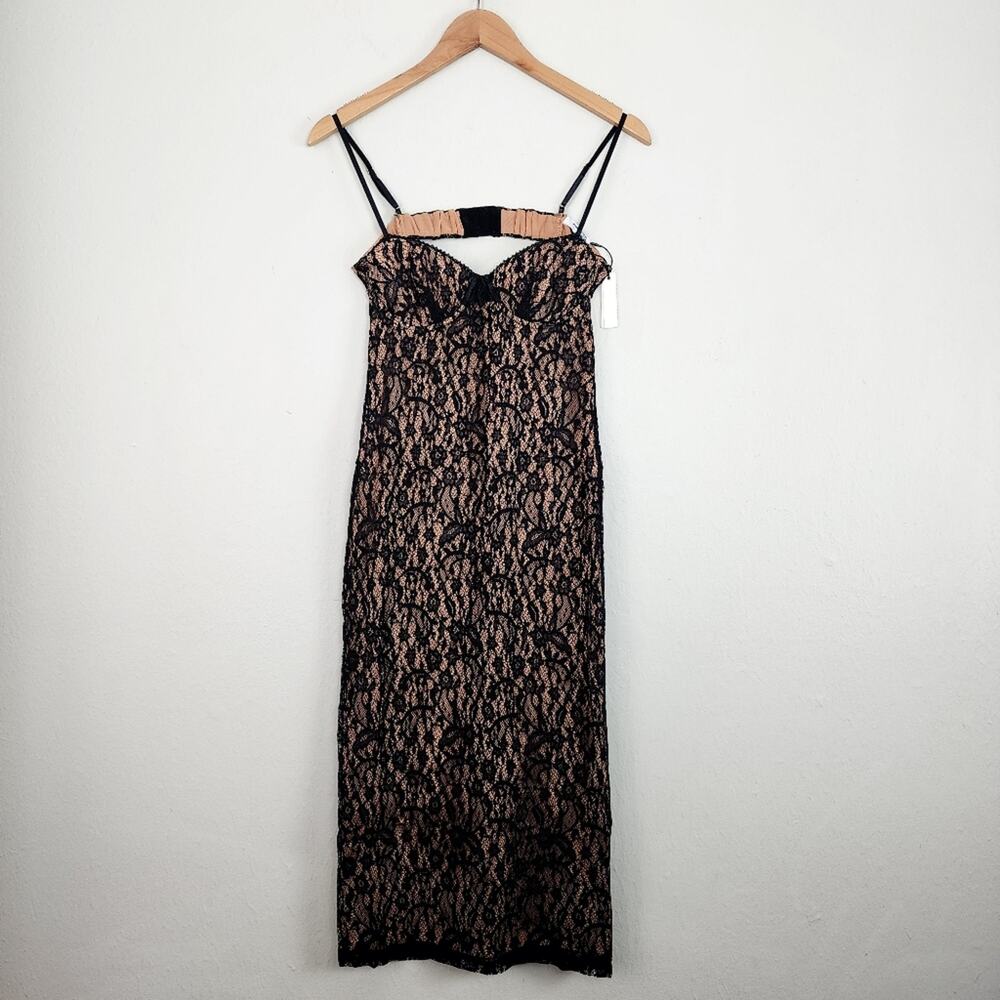 Rumored Bordeaux Black Floral Crochet Lace Open Back Bustier Midi Dress NWT S
